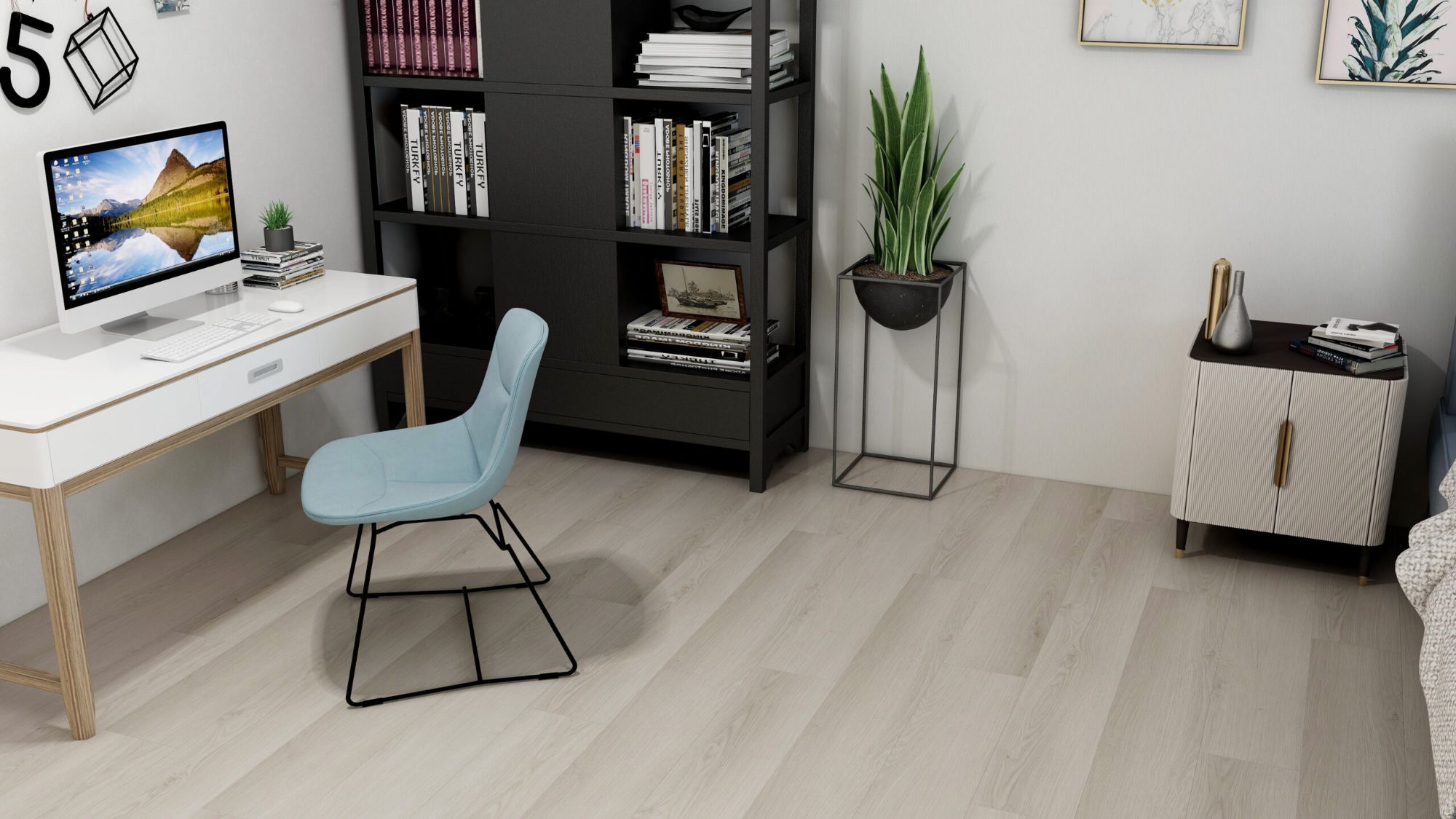Alaskan Oak hybrid flooring in a home office with white desk and pale blue chair